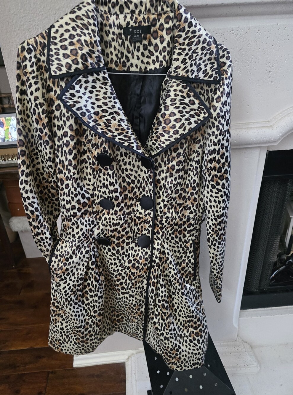 Forever 21 Leopard Print Vintage Trench Coat with Black Trim Sz.M Satin Y2k